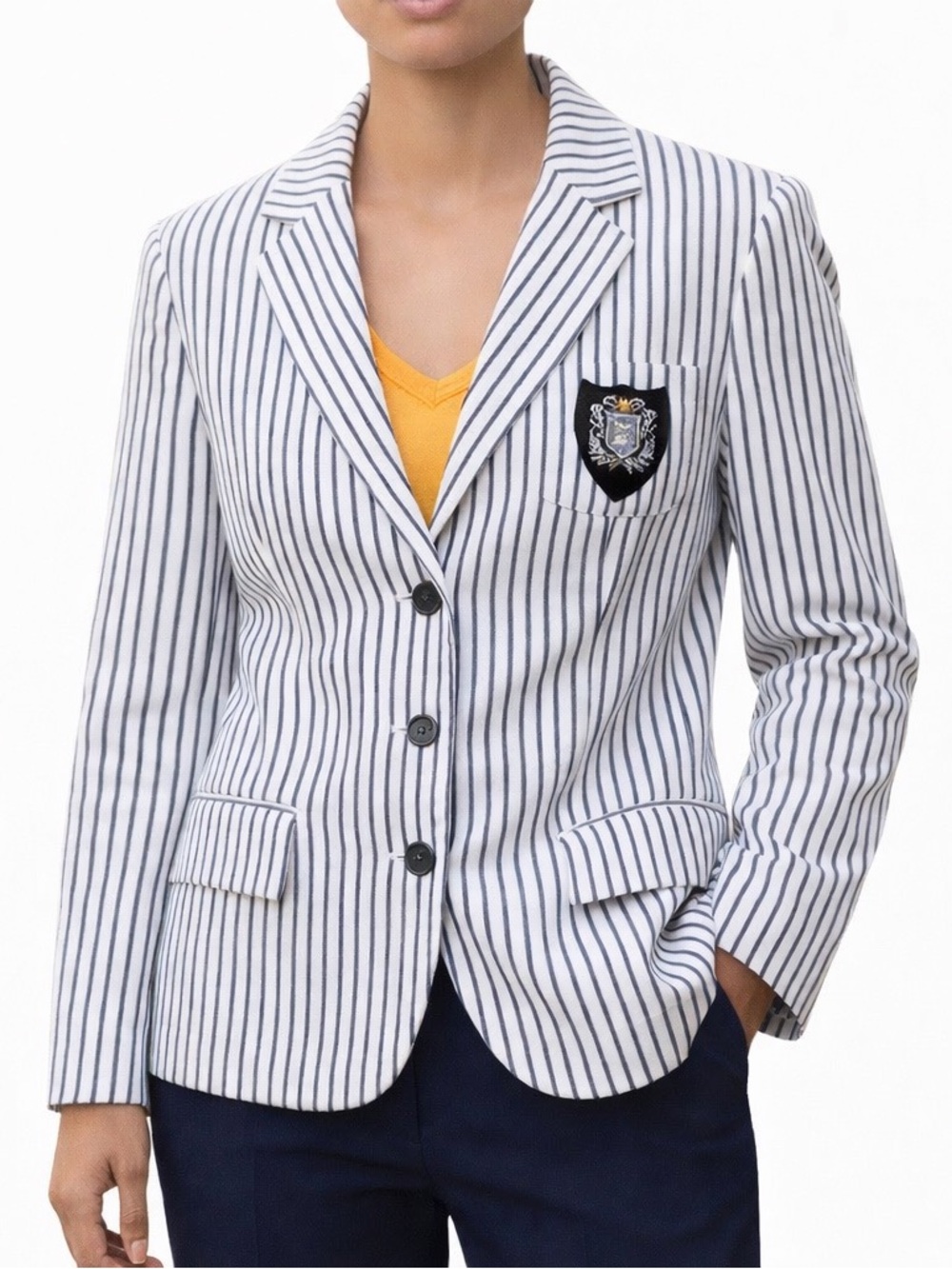 Stylish Striped Blazer with Crest Patch